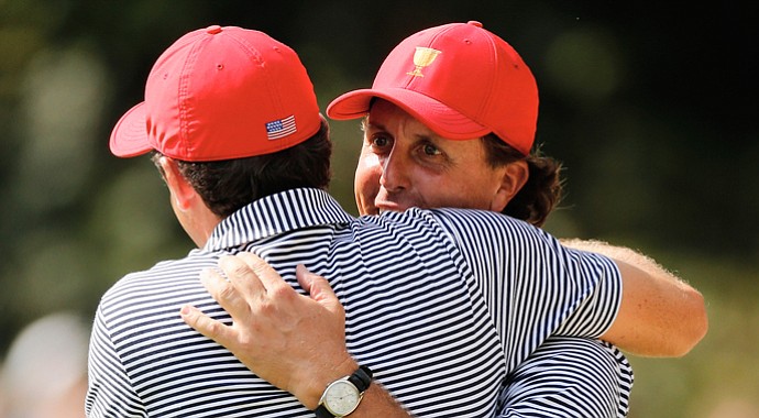 Phil Mickelson and Keegan Bradley during their foursomes match Friday at the Presidents Cup.