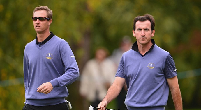 Nicolas Colsaerts and Gonzalo Fernandez Castano during Day 2 play in the Seve Trophy.