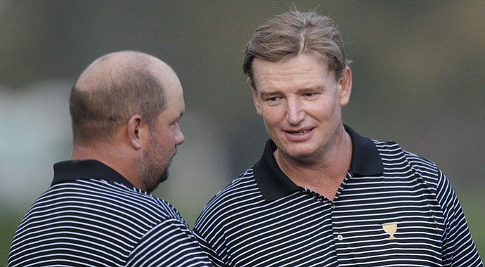 South Africans Ernie Els (right) and Brendon de Jonge paired Thursday and Friday in the 2013 Presidents Cup at Muirfield Village.