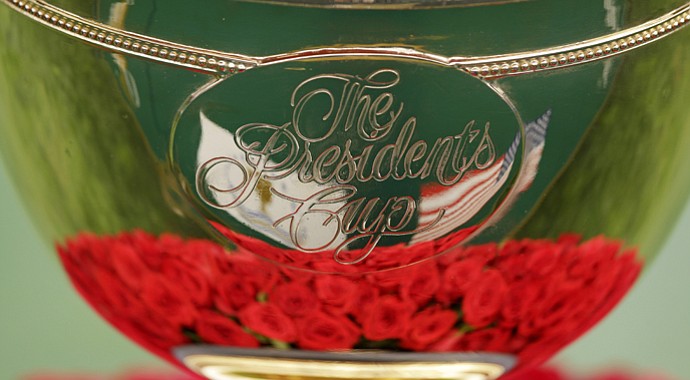 The Presidents Cup trophy during Friday's foursomes session at Muirfield Village.