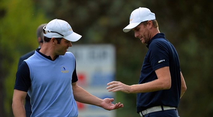 Paul Casey and David Lynn during Day 3 play at the 2013 Seve Trophy.