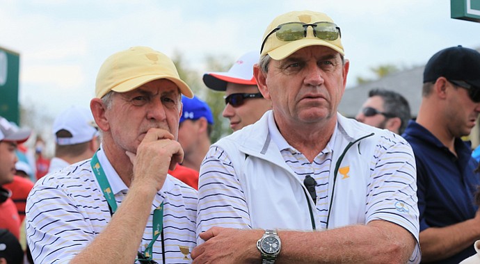 Tony Johnstone (left), with International captain Nick Price during the 2013 Presidents Cup at Muirfield Village