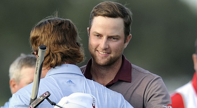 Chris Kirk, right, after edging Briny Baird, left, and Tim Clark to win the PGA Tour's 2013 McGladrey Classic.