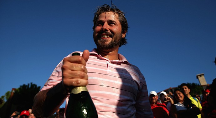 Victor Dubuisson celebrates his victory at the Turkish Airlines Open.