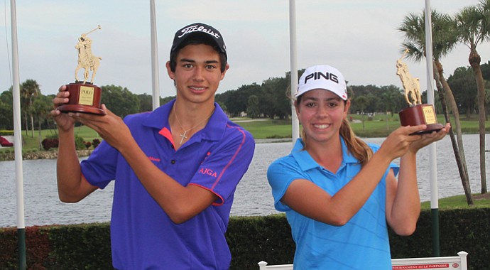 Derek Castillo and Kristen Gillman after claiming stoke-play-medalist honors at the AJGA Polo Golf Junior Classic.