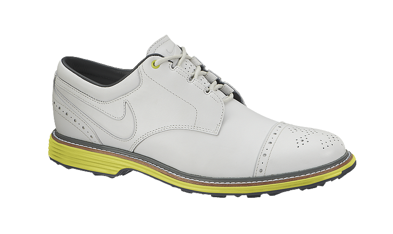 Nike's Lunar Clayton golf shoes shown in white and yellow.