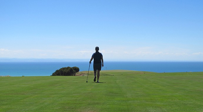 Beth Ann Baldry walks down the fairway at No. 12 at Cape Kidnappers in New Zealand. Baldry: "It's called 'infinity' for obvious reasons."