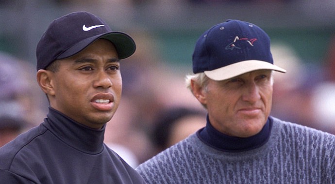 Tiger Woods and Greg Norman during the 1999 Open Championship.