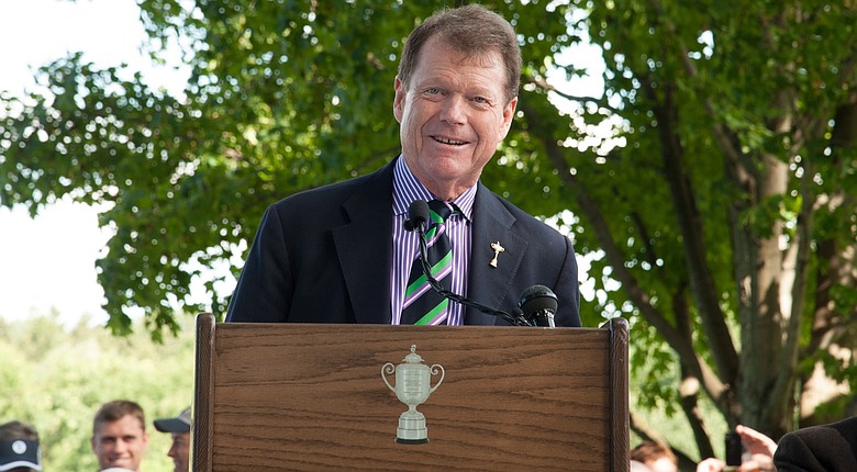 Tom Watson speaks to attendees during the Hall of Fame Induction for the 95th PGA Championship at Oak Hill Country Club.