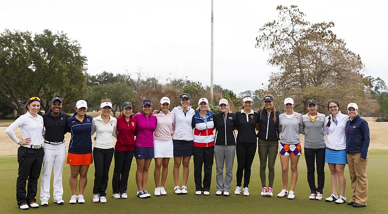 14 potential members of the 2014 Curtis Cup Team posed at Champions Golf Club in Houston for a pre-selection practice session.