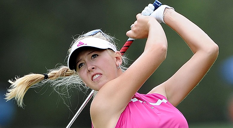 Jessica Korda plays an approach shot on the 18th hole of the Ladies Australian Masters during the first round.