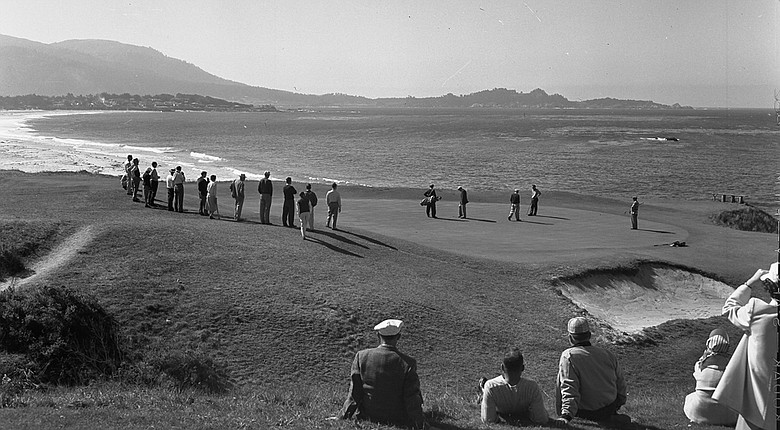 Pebble Beach's ninth green as it appeared in the 1961 U.S. Amateur, with the 10th tee to the right