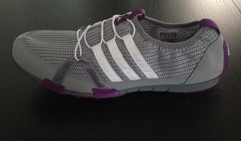 The Adidas Golf climacool ballerina golf shoe in mid grey/running white/tribe purple.