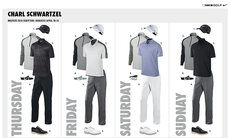 Charl Schwartzel's scripted apparel from Nike Golf for the 2014 Masters.
