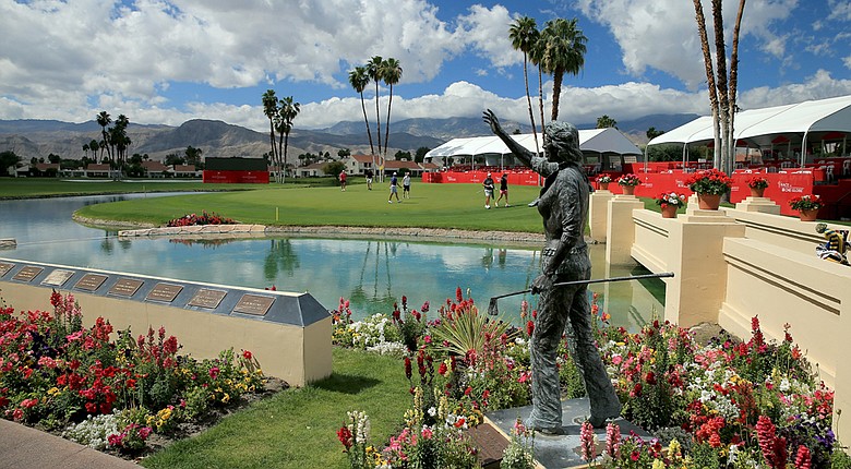A view of the 18th green Tuesday during a practice round for the Kraft Nabisco Championship at the Dinah Shore Tournament Course at Mission Hills Country Club in Rancho Mirage, Calif.