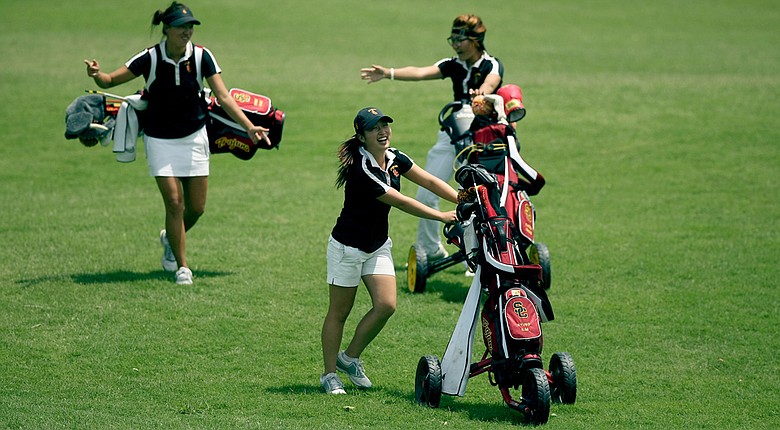 Defending champions, USC's Annie Park (left), Kyung Kim (center) and Karen Chung during a practice round at the 2014 women's NCAA Championship at Tulsa Country Club.