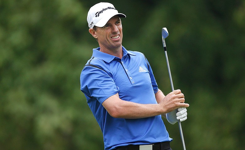 Steven Alker watches his tee shot on the fifth hole during the final round of the Web.com Tour Cleveland Open at the Lakewood Country Club.