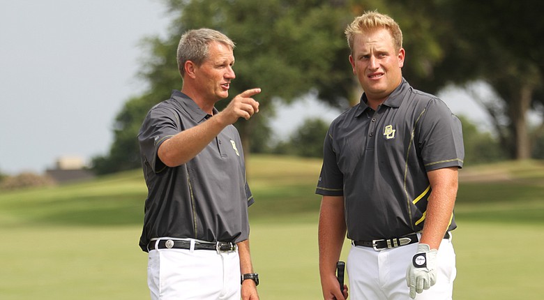 Baylor's Greg Priest (left), with junior Kyle Jones, has resigned as head men's coach after 11 years at the school in Waco, Texas.