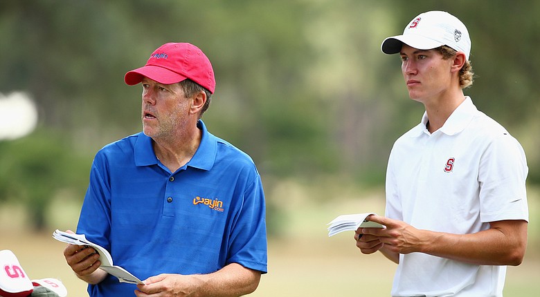 Maverick McNealy (right) and his caddie, father Scott McNealy, during Monday's practice round at the 2014 U.S. Open at Pinehurst No. 2.