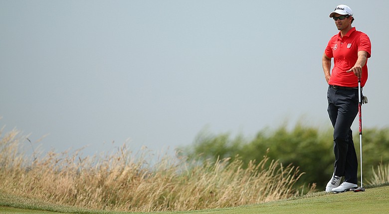 Adam Scott waits on the 14th green during the second round of the British Open at Royal Liverpool in Hoylake.
