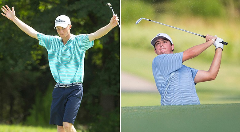 Will Zalatoris, left, and Davis Riley are all square through 18 holes of the scheduled 36-hole final of the 2014 U.S. Junior Amateur Saturday at The Club at Carlton Woods' Nicklaus Course in The Woodlands, Texas.
