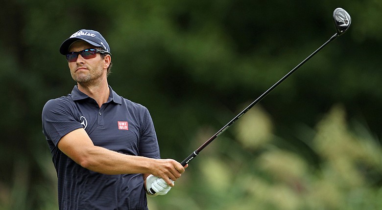 Adam Scott during the second round of The Barclays