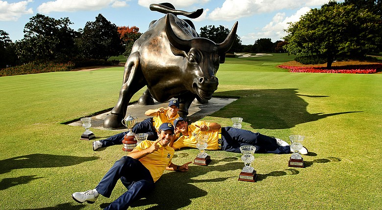 Members of the Cal men's golf team celebrate after winning the 2012 Isleworth Collegiate Invitational.