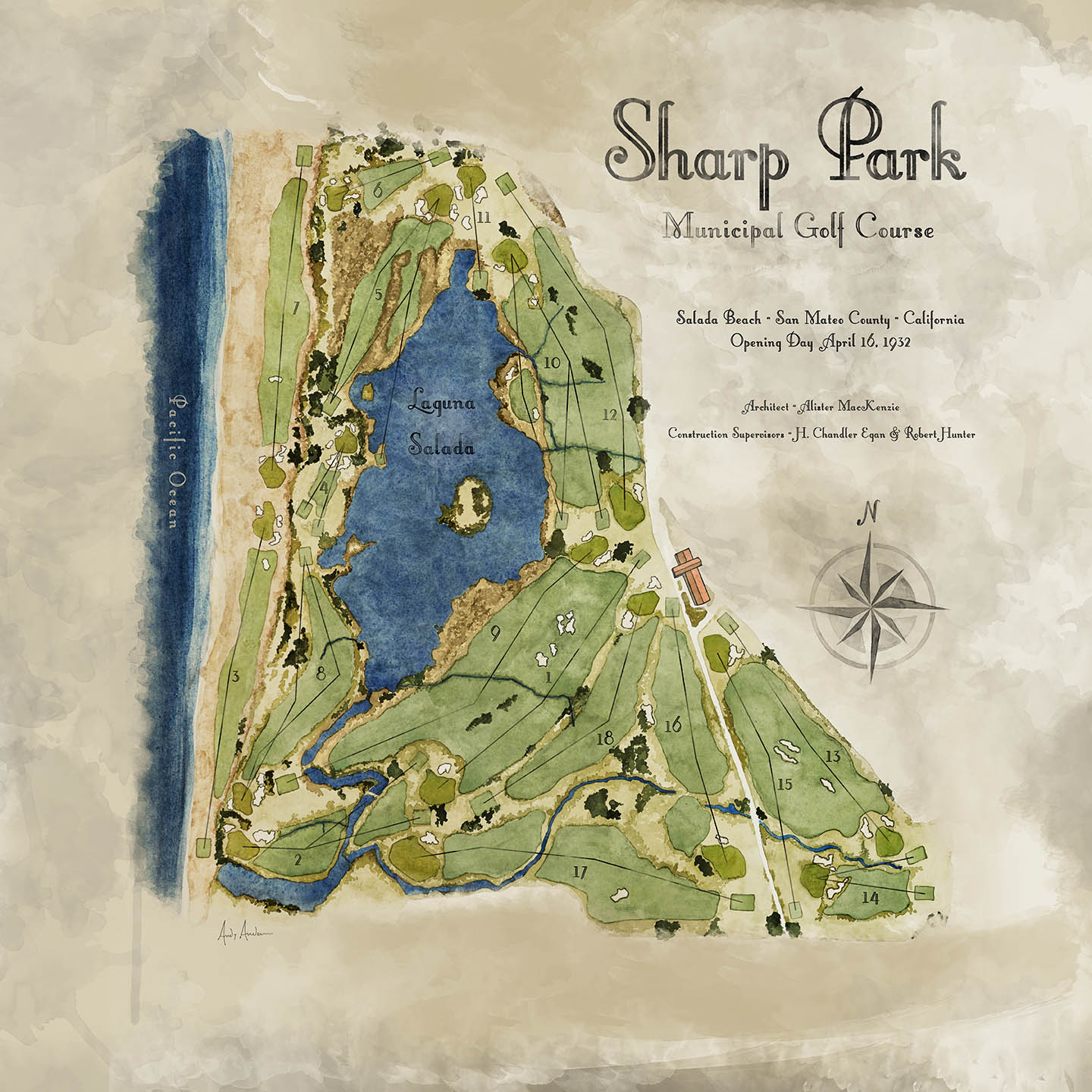 A course map of Sharp Park Golf Course