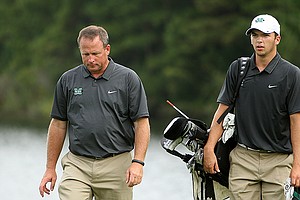 Marshallu2019s Andy Bott with head coach, Matt Grobe, during the Golfweek Program Challenge at True Blue Golf and Country Club and Caledonia Golf and Fish Club in Pawley's Island, SC. (Golfweek/Tracy Wilcox)