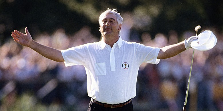 Christy O'Connor Jr. holes a dramatic winning putt in his singles match against Fred Couples during the 1989 Ryder Cup.